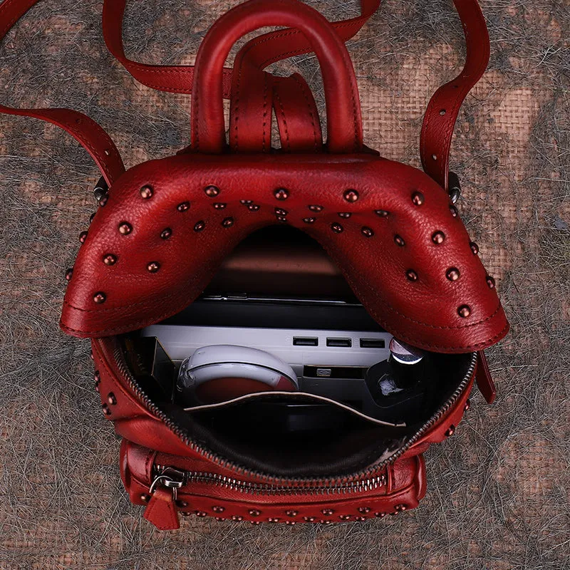 Best Vintage Rivets Brown Leather Rucksack Bag Womens Small School Rucksack Leather Backpack Purse