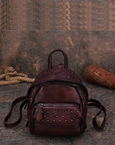 Best Vintage Rivets Brown Leather Rucksack Bag Womens Small School Rucksack Leather Backpack Purse