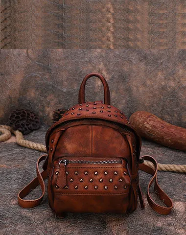 Best Vintage Rivets Brown Leather Rucksack Bag Womens Small School Rucksack Leather Backpack Purse