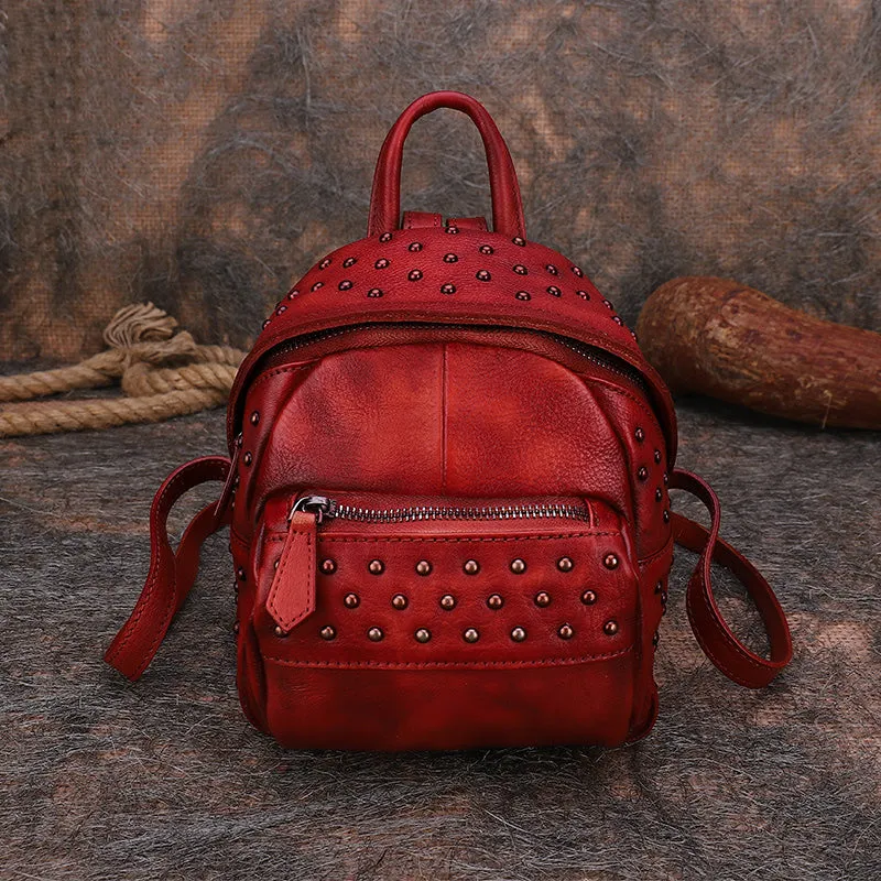 Best Vintage Rivets Brown Leather Rucksack Bag Womens Small School Rucksack Leather Backpack Purse