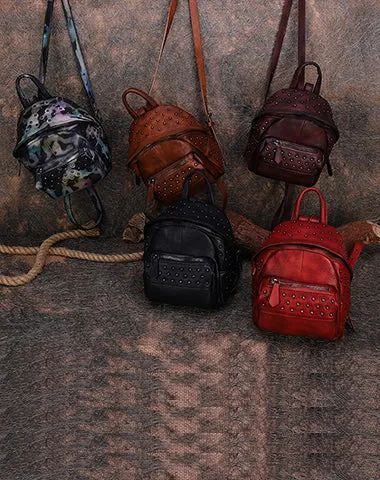 Best Vintage Rivets Brown Leather Rucksack Bag Womens Small School Rucksack Leather Backpack Purse