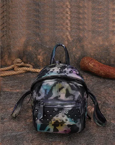 Best Vintage Rivets Brown Leather Rucksack Bag Womens Small School Rucksack Leather Backpack Purse