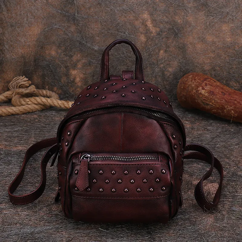 Best Vintage Rivets Brown Leather Rucksack Bag Womens Small School Rucksack Leather Backpack Purse