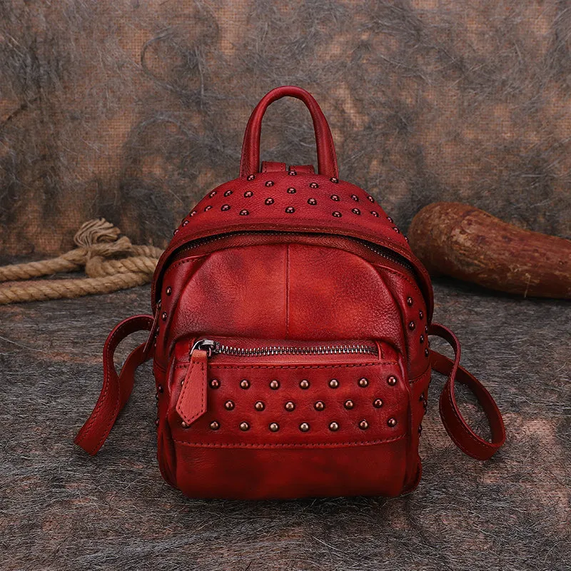 Best Vintage Rivets Brown Leather Rucksack Bag Womens Small School Rucksack Leather Backpack Purse