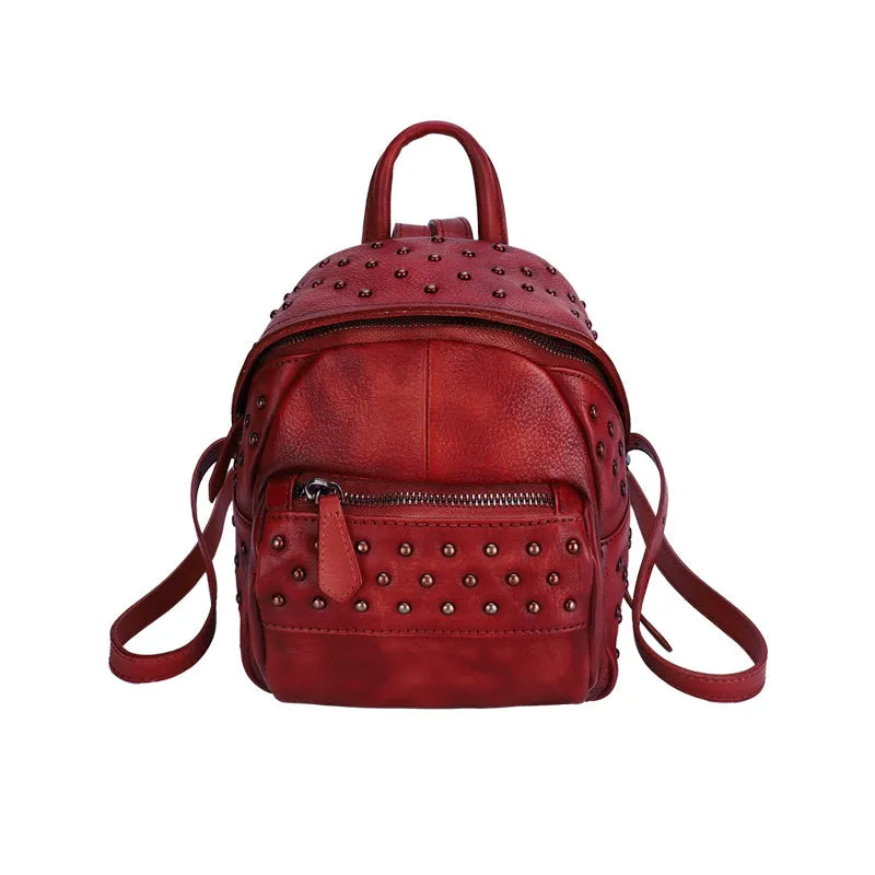 Best Vintage Rivets Brown Leather Rucksack Bag Womens Small School Rucksack Leather Backpack Purse