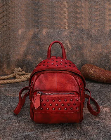 Best Vintage Rivets Brown Leather Rucksack Bag Womens Small School Rucksack Leather Backpack Purse