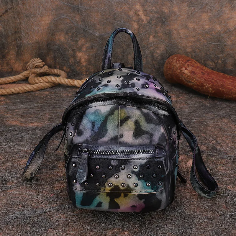 Best Vintage Rivets Brown Leather Rucksack Bag Womens Small School Rucksack Leather Backpack Purse