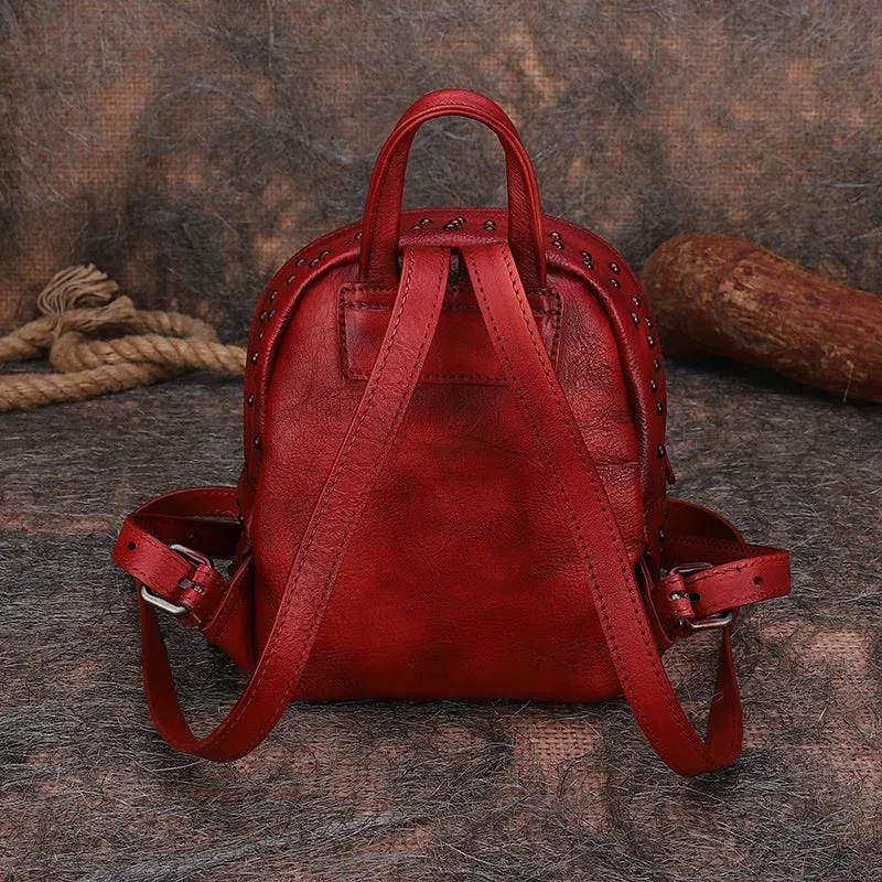 Best Vintage Rivets Brown Leather Rucksack Bag Womens Small School Rucksack Leather Backpack Purse