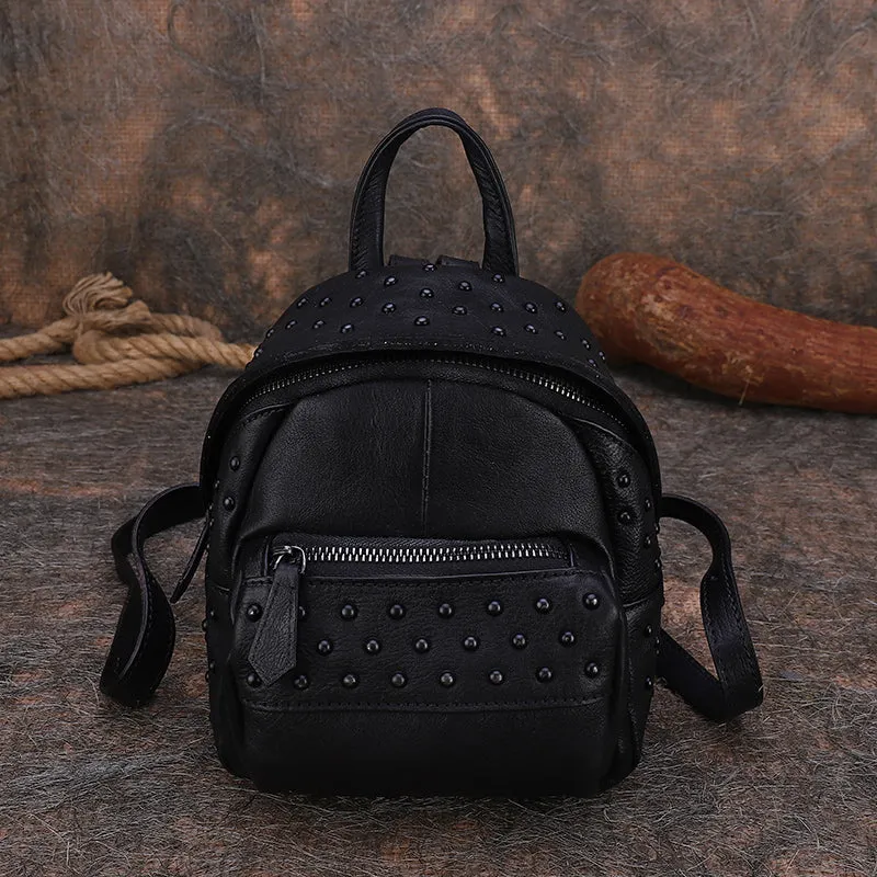 Best Vintage Rivets Brown Leather Rucksack Bag Womens Small School Rucksack Leather Backpack Purse