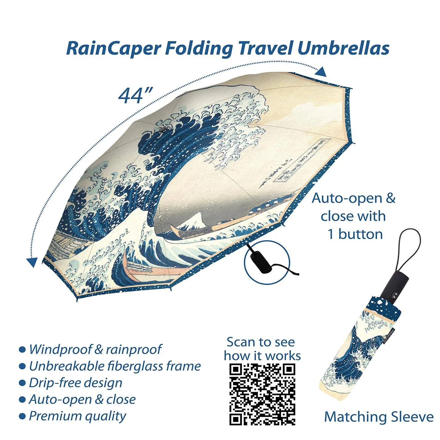 Hokusai "The Great Wave" Folding Travel Umbrella