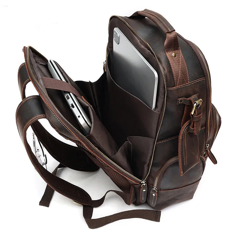 Men's Vintage Full Grain Leather 15.6 Inch Laptop School Backpack Camping Travel 24L Rucksack
