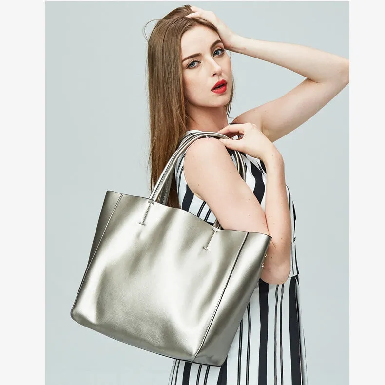 Seraphina | Silver Genuine Leather Tote Bag – Elegant & Spacious Work Handbag