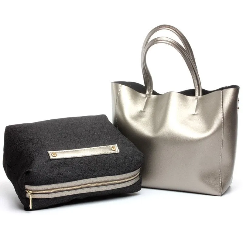 Seraphina | Silver Genuine Leather Tote Bag – Elegant & Spacious Work Handbag