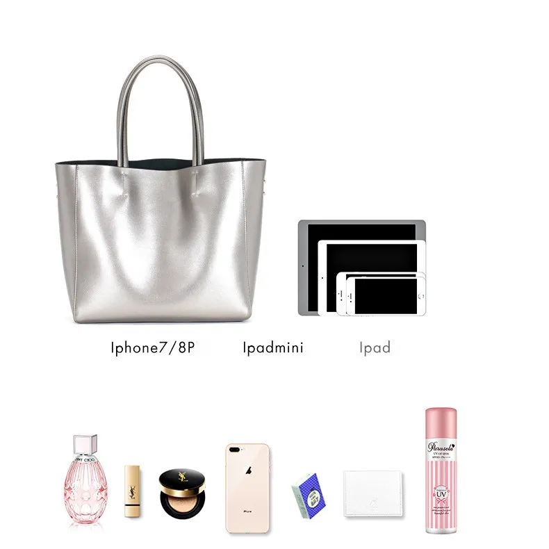 Seraphina | Silver Genuine Leather Tote Bag – Elegant & Spacious Work Handbag