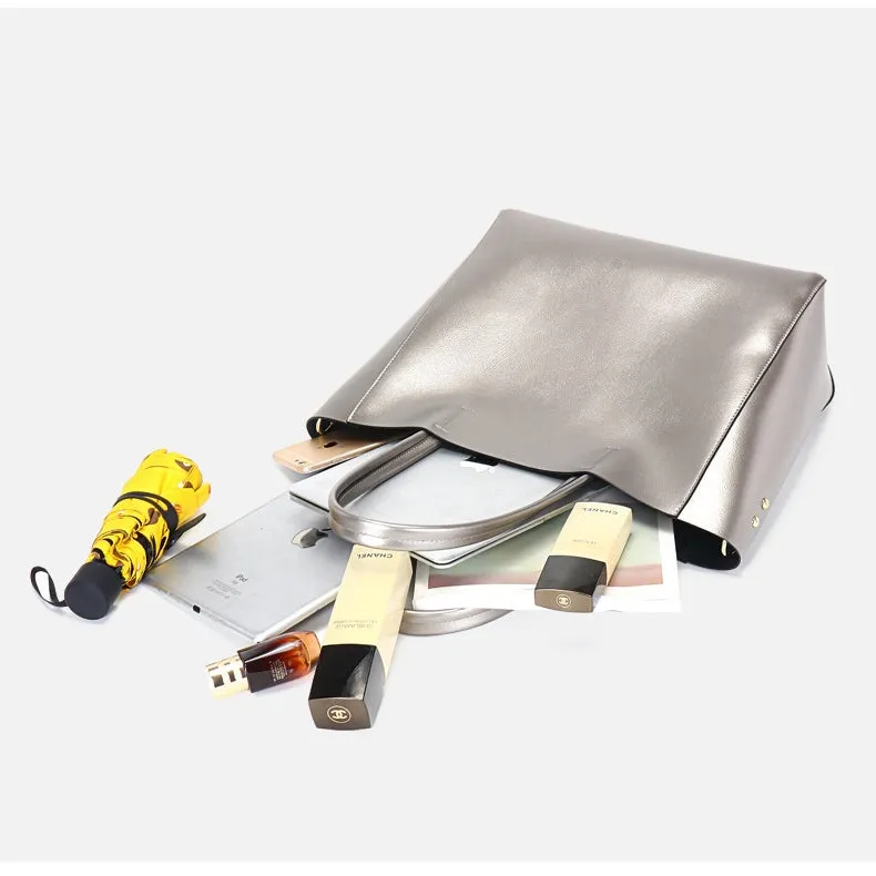 Seraphina | Silver Genuine Leather Tote Bag – Elegant & Spacious Work Handbag