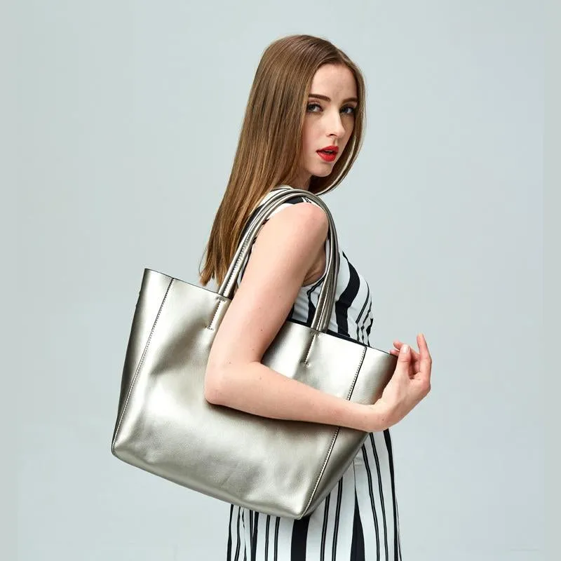 Seraphina | Silver Genuine Leather Tote Bag – Elegant & Spacious Work Handbag