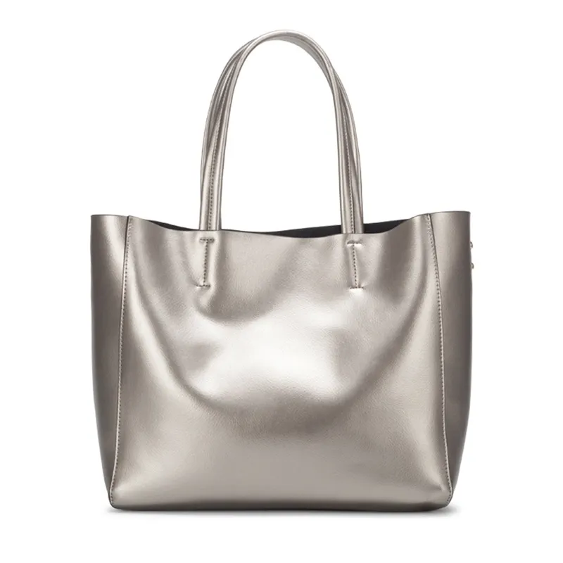 Seraphina | Silver Genuine Leather Tote Bag – Elegant & Spacious Work Handbag