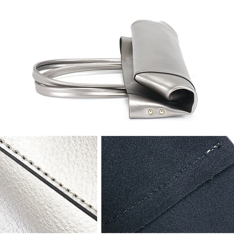 Seraphina | Silver Genuine Leather Tote Bag – Elegant & Spacious Work Handbag