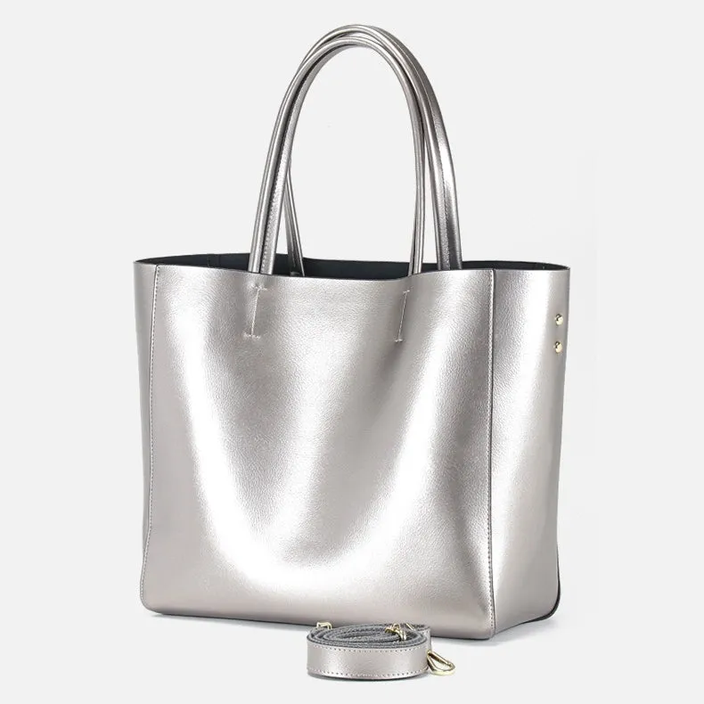 Seraphina | Silver Genuine Leather Tote Bag – Elegant & Spacious Work Handbag