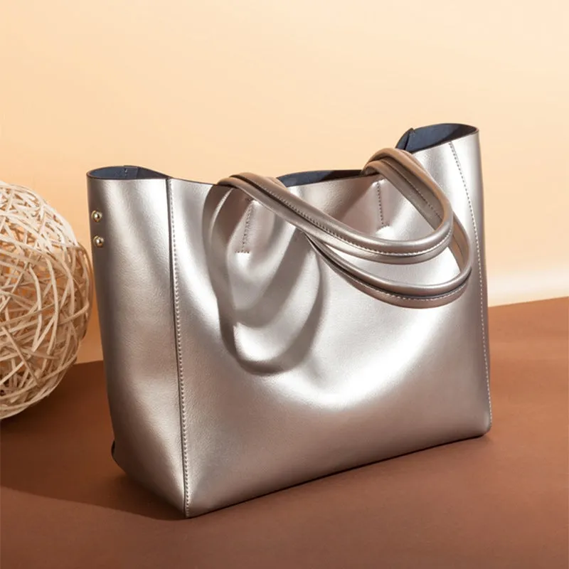 Seraphina | Silver Genuine Leather Tote Bag – Elegant & Spacious Work Handbag