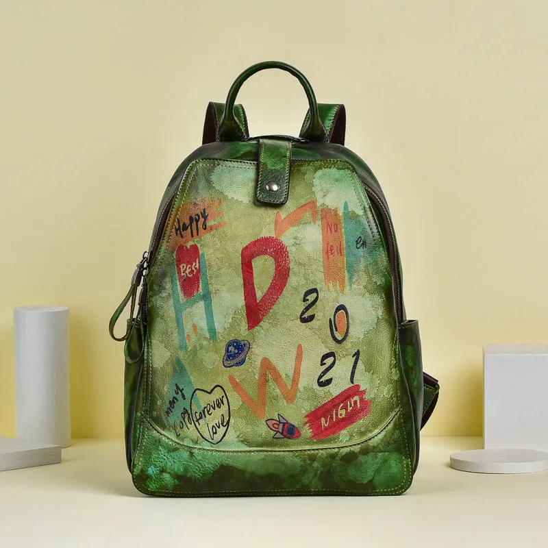 Vintage Graffiti Leather Backback for Women C313