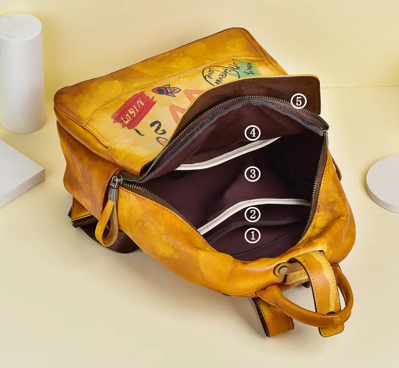Vintage Graffiti Leather Backback for Women C313