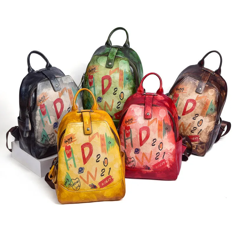 Vintage Graffiti Leather Backback for Women C313