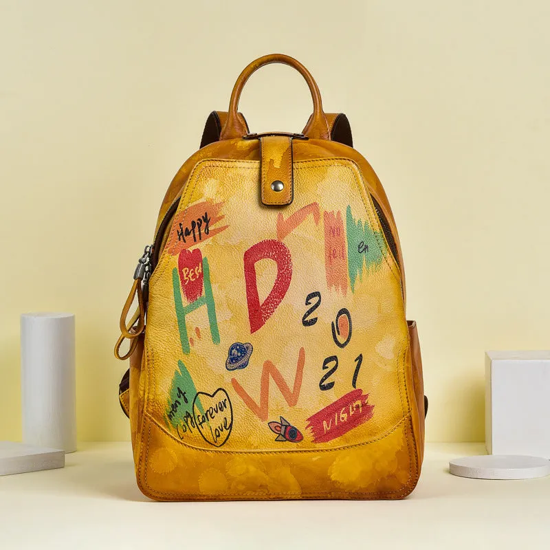 Vintage Graffiti Leather Backback for Women C313