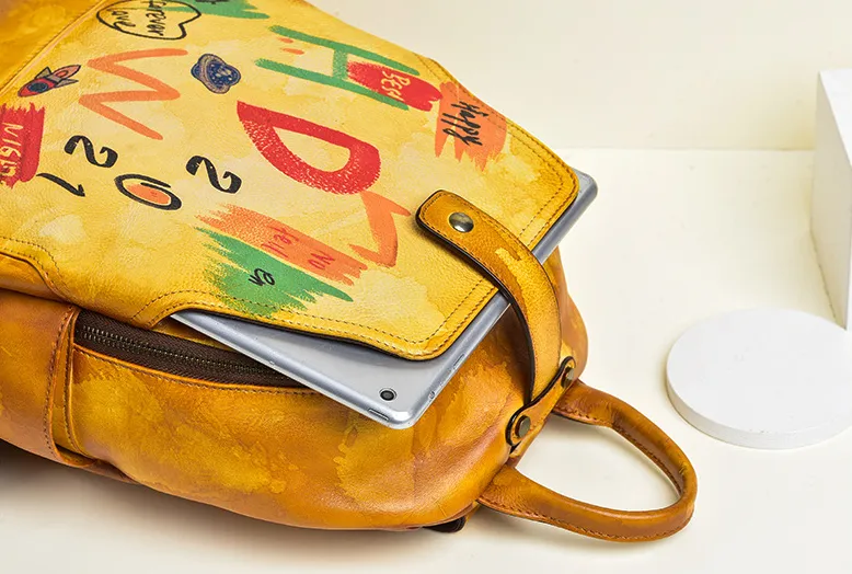 Vintage Graffiti Leather Backback for Women C313