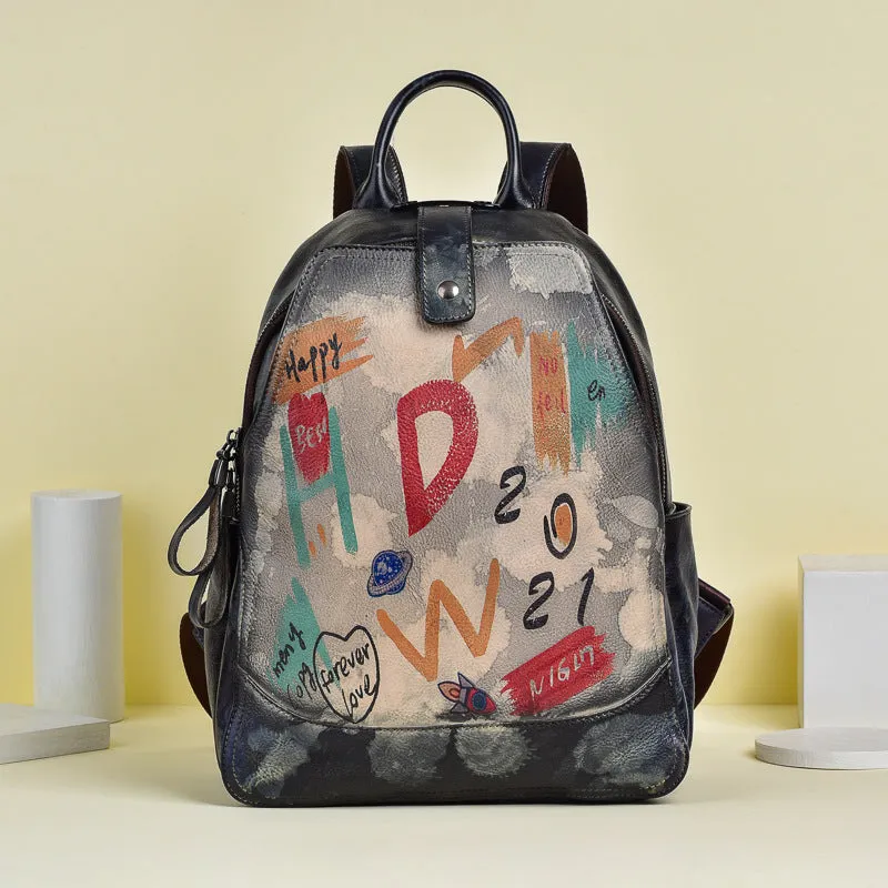 Vintage Graffiti Leather Backback for Women C313