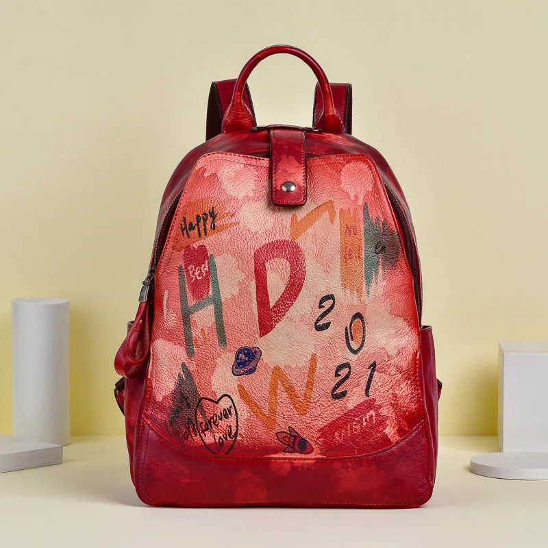 Vintage Graffiti Leather Backback for Women C313