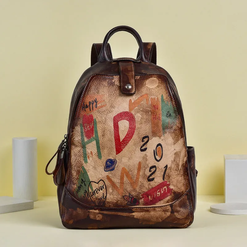 Vintage Graffiti Leather Backback for Women C313