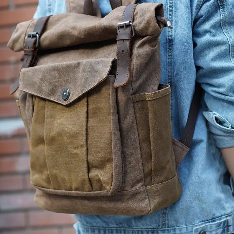 Vintage Roll Top Canvas Backpack Rucksack Travel Men Women