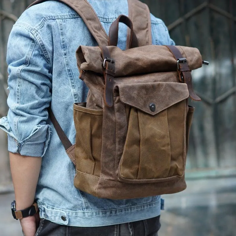 Vintage Roll Top Canvas Backpack Rucksack Travel Men Women