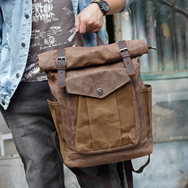 Vintage Roll Top Canvas Backpack Rucksack Travel Men Women