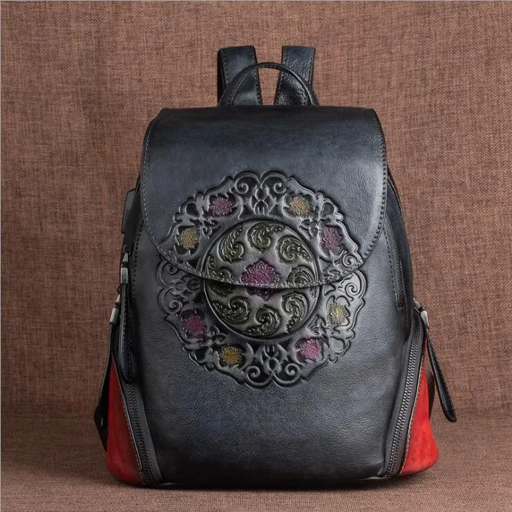 Womens Green Leather Backpack Purse With Built In Universal USB Port For Women