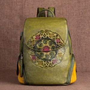 Womens Green Leather Backpack Purse With Built In Universal USB Port For Women