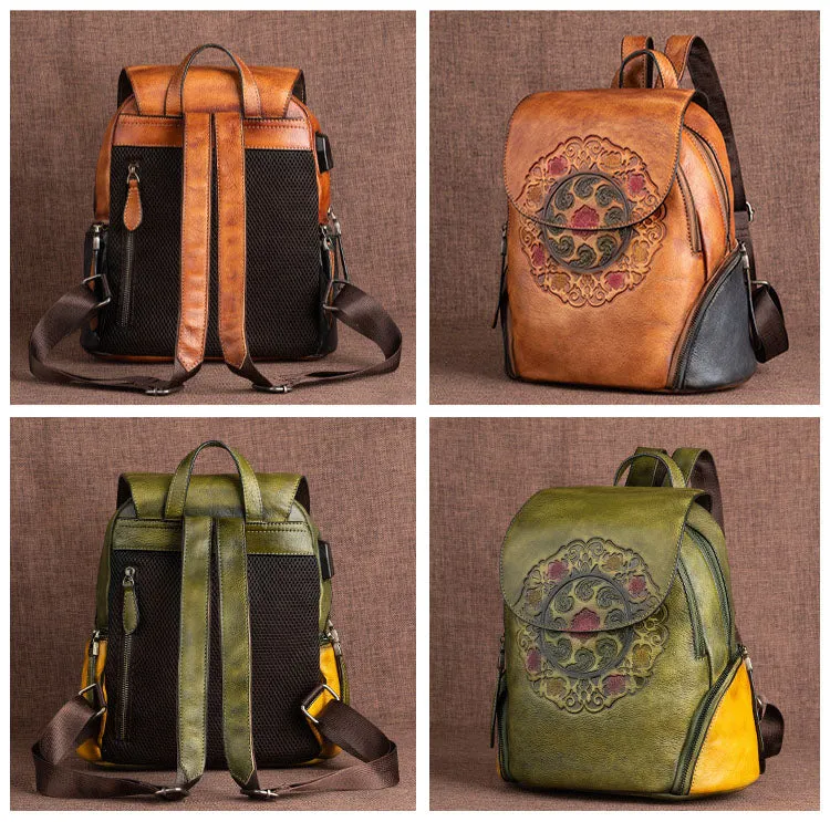 Womens Green Leather Backpack Purse With Built In Universal USB Port For Women