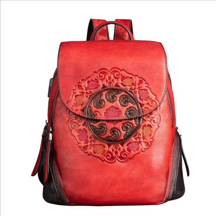Womens Green Leather Backpack Purse With Built In Universal USB Port For Women