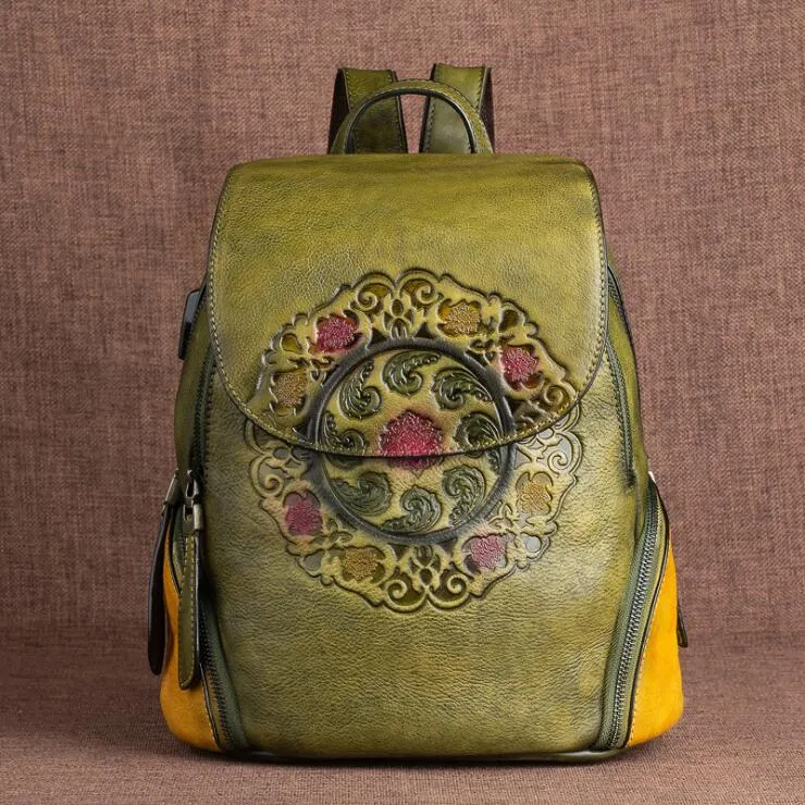 Womens Green Leather Backpack Purse With Built In Universal USB Port For Women