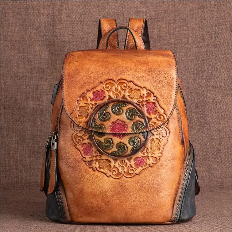 Womens Green Leather Backpack Purse With Built In Universal USB Port For Women