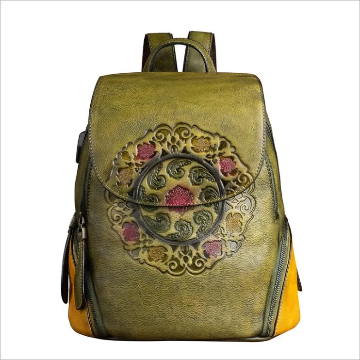 Womens Green Leather Backpack Purse With Built In Universal USB Port For Women