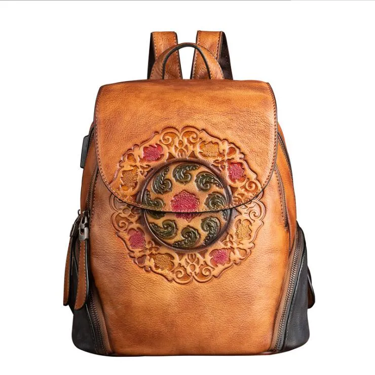 Womens Green Leather Backpack Purse With Built In Universal USB Port For Women