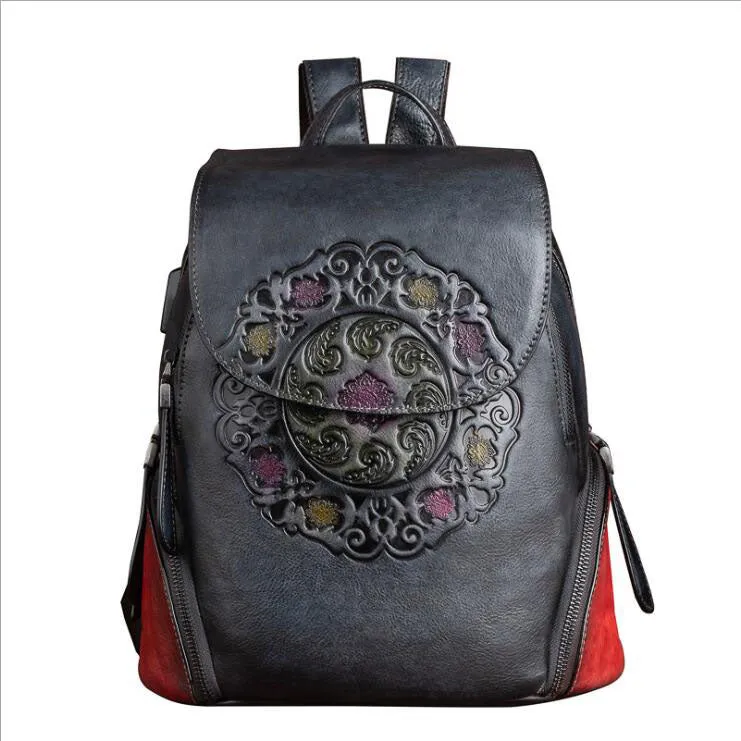 Womens Green Leather Backpack Purse With Built In Universal USB Port For Women